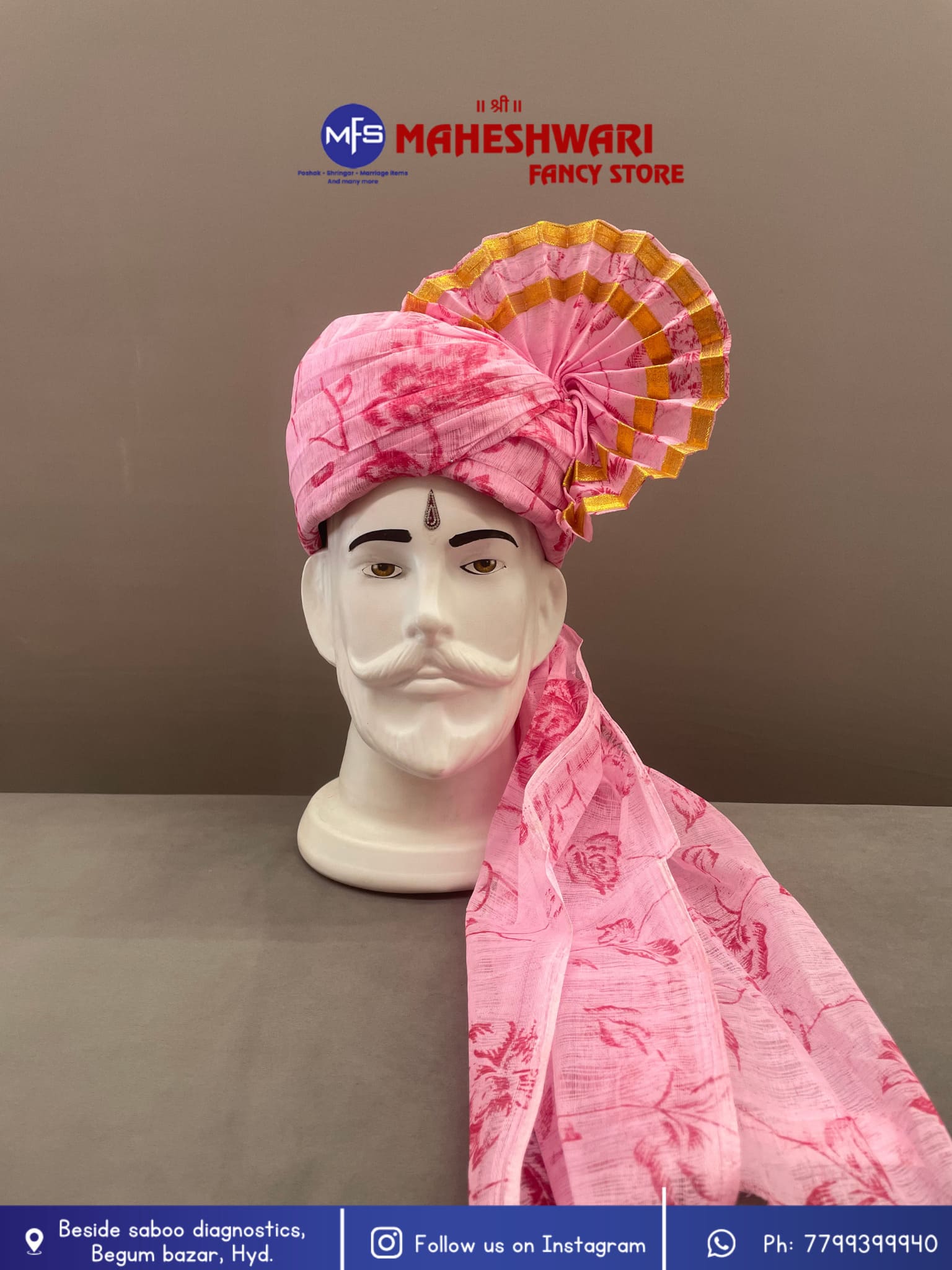 Pink Floral Barati Pagdi Fabric